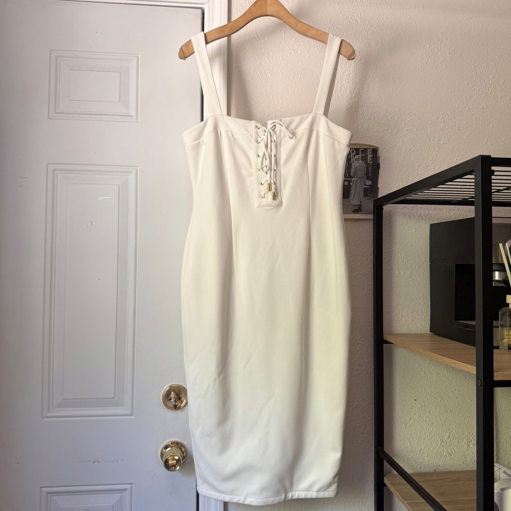 MISHA white lace up sleeveless midi dress
